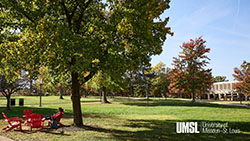 library lawn with red chairs