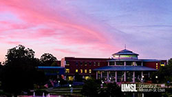 outside the MSC with a pink and blue sky