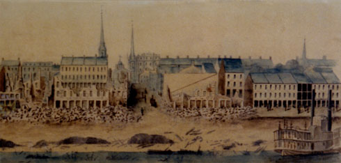 Attributed to Lamasson, possibly by Henry Lewis, St. Louis Riverfront after the Great Fire of 1849 (detail)