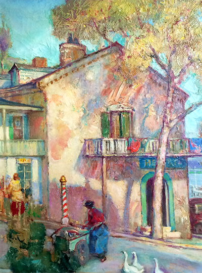 painting of a person in front of a house with a balcony