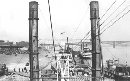 (Image: Str. Betsy Ann at the St. Louis Levee and Eads Bridge. February 17, 1934)