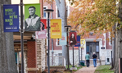 bright banners along a sidewalk